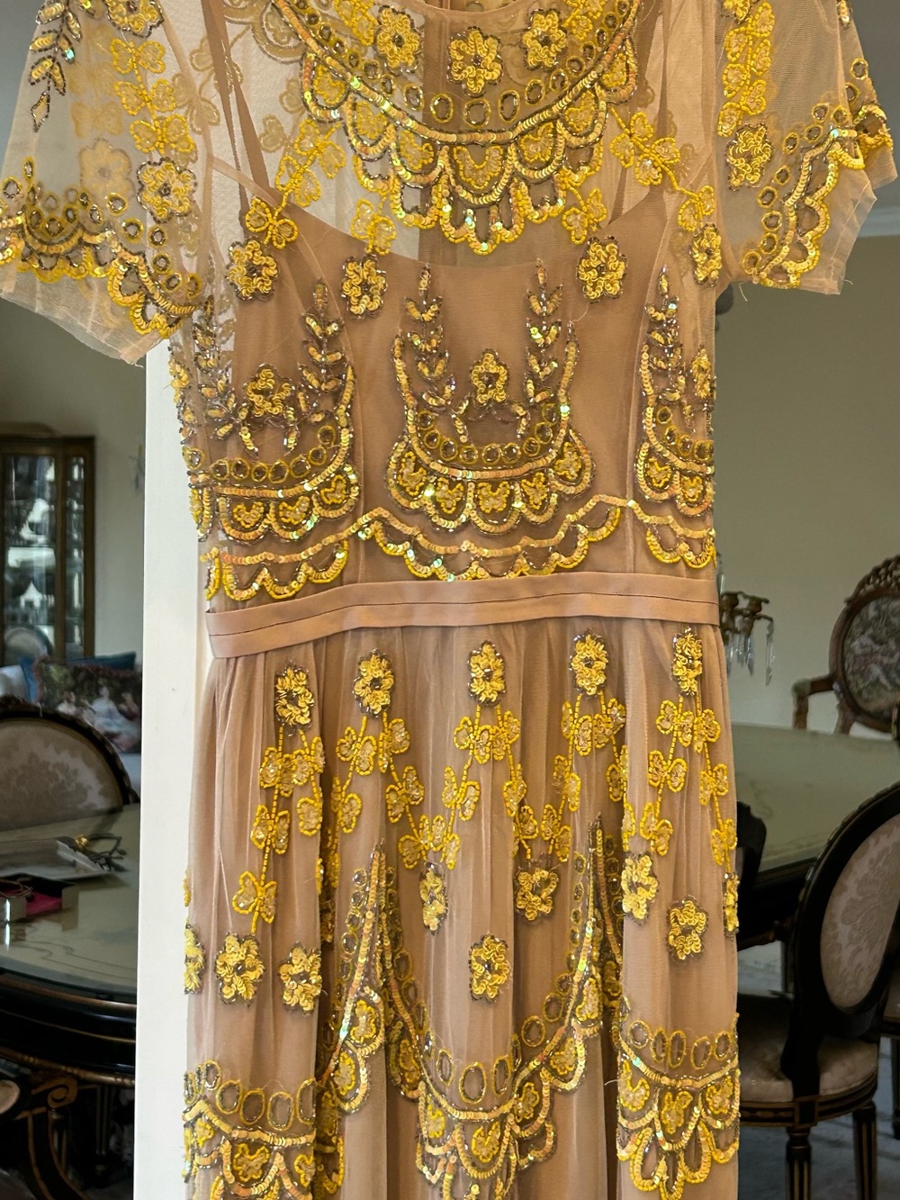 Needle & Thread  Champagne mesh color dress with yellow and silver beads